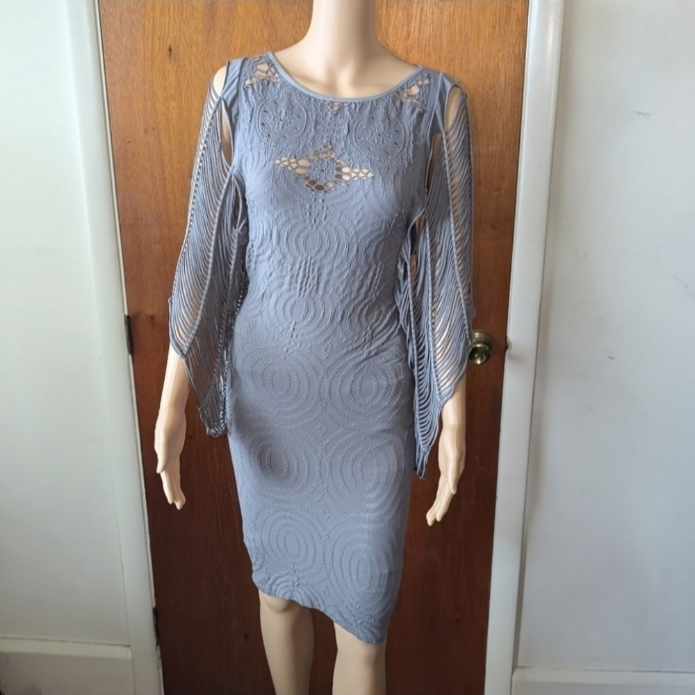 Poof Gray Lace Dress With Fringe Style Sleeves Women's Size Medium